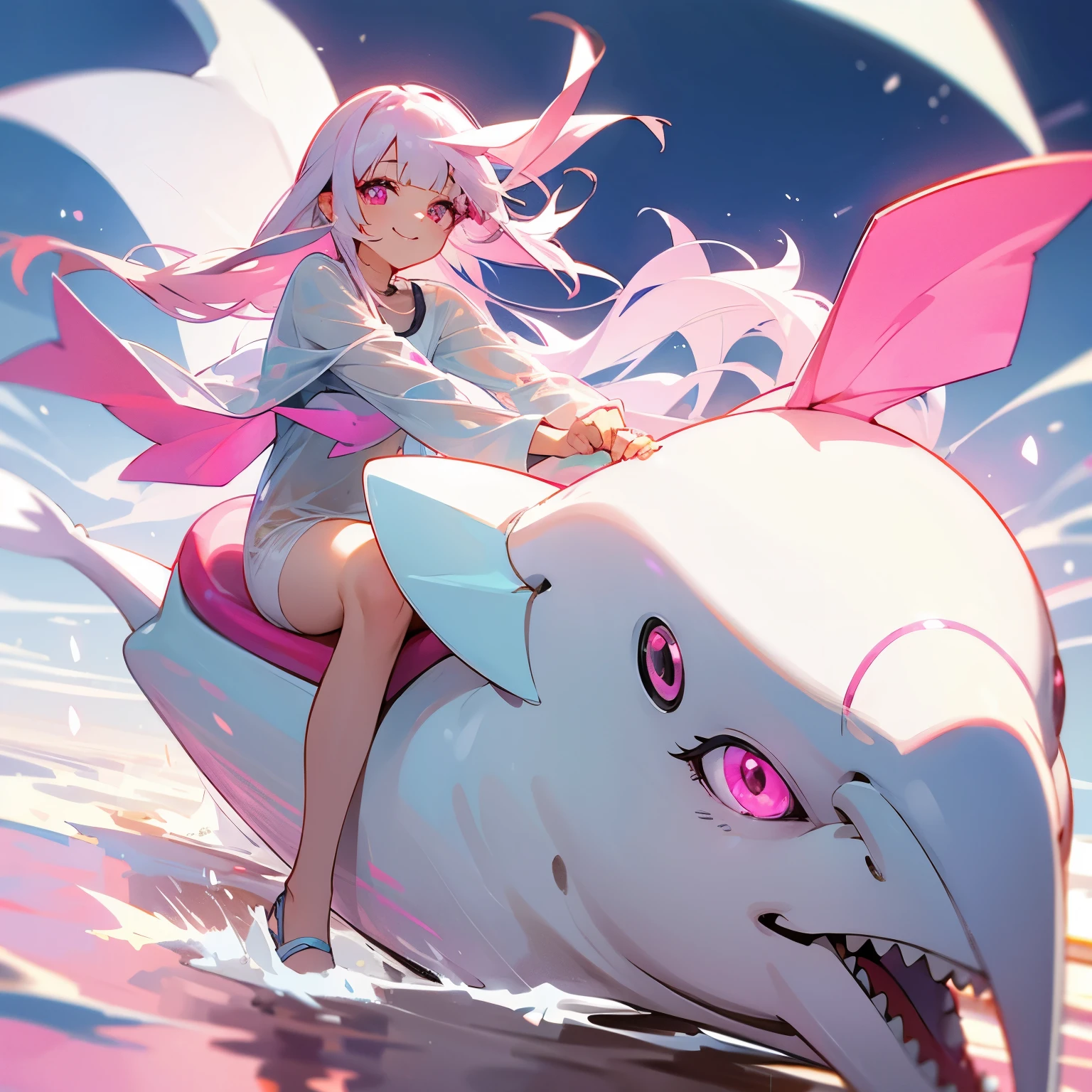 One person, Gaze, smile, See-through bangs, Pink eyes, Riding a white dolphin