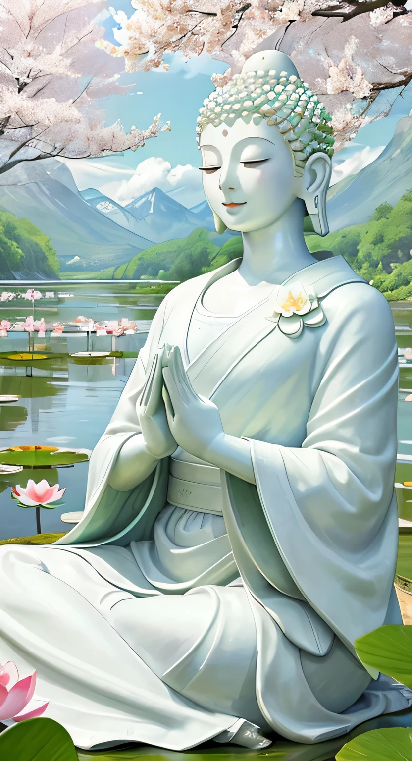 (Masterpiece),(Best quality),(Ultra-detailed), (Body:1.2), 1 Buddha statue, floating in a powerful zen state, with lotus flowers, White skin, Amitayus, sitting on a lotus flower, Chant the Buddha's name with both hands, temples, wearing an outfit, White skin, face round, kind, gentle, look, Mountains, green trees, Cherry blossoms, forest, Birds, Clouds, dew, En plein air, Bright, fresh, Green, White skin, (Beautiful detailed face), (Eyes closed), (surrealism),