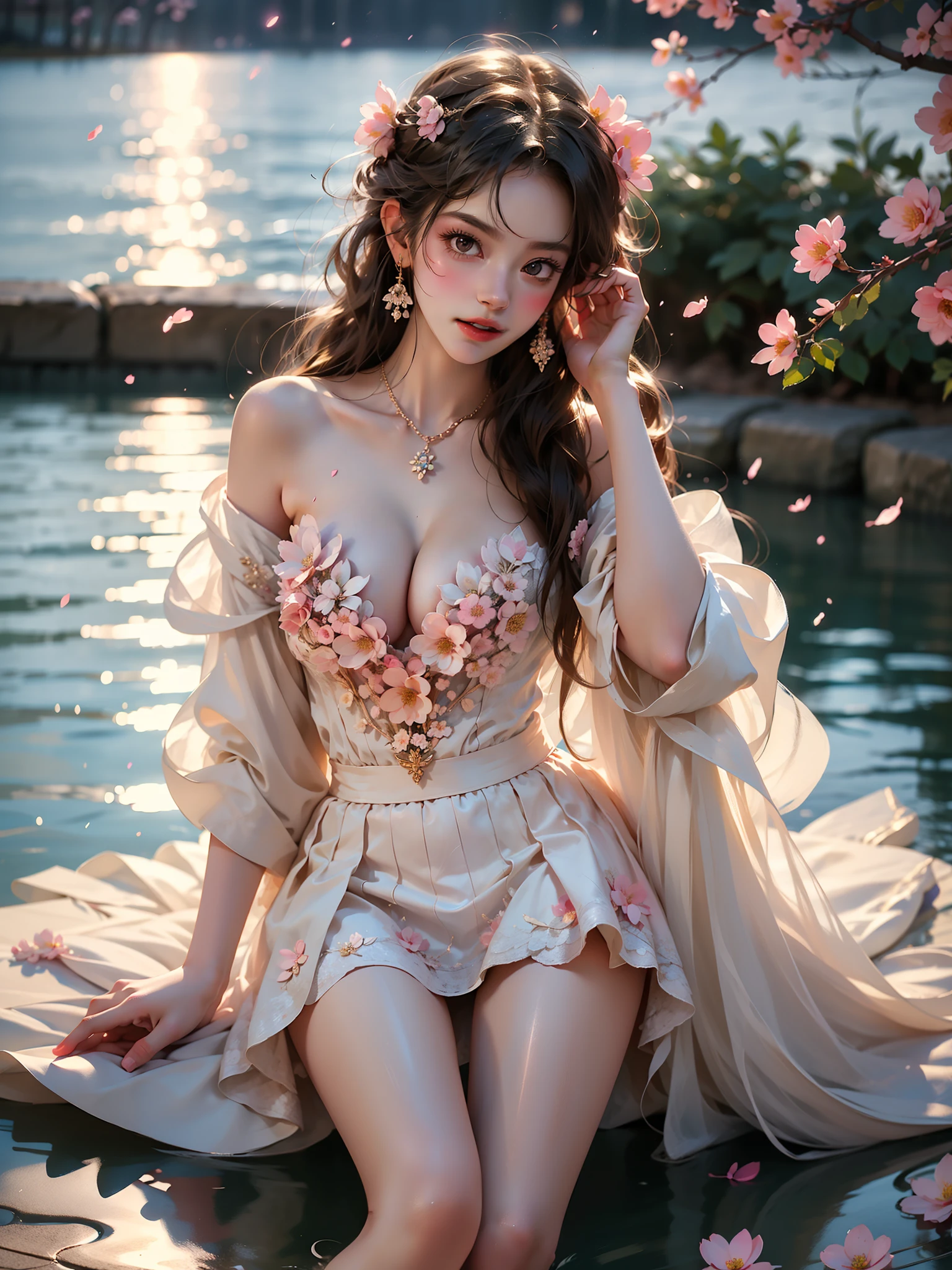 fodress((Girl lying in the pool))、((night,moonlight)),She gently lifted her skirt with one hand,Make gentle and playful gestures,((Lots of flowers瓣)), Lots of flowers,Petals scattered all over the ground,Cherry tree,Petals are flying all over the sky,Beautiful and charming woman, Elegantly, Her plump breasts are fully exposed.,Visible cleavage,The skirt is short,Natural legs,Sexy legs,Legs in a natural position,Shapely legs,Legs in natural light,Smooth skin,Slender and lovely beauty, Eyes sparkling,Her skin is flawless。Her curves are highlighted。Shine in the light,The color is pastel,She lay confidently,Elegant posture。Elegant heels,The atmosphere of the whole photo is peaceful and positive,Emphasis on natural beauty and elegance, Studio Lighting,Vibrant colors, Cute girl, sweet smile, Exquisite makeup,Shy,blush,open mouth,Heavy breathing,moan,超realism,realism,Movie Lighting,Comfort,Sony FE GM,Retina,masterpiece,precise,Anatomically correct,Textured Skin,Super Detail,High Detail,best quality,Colorful