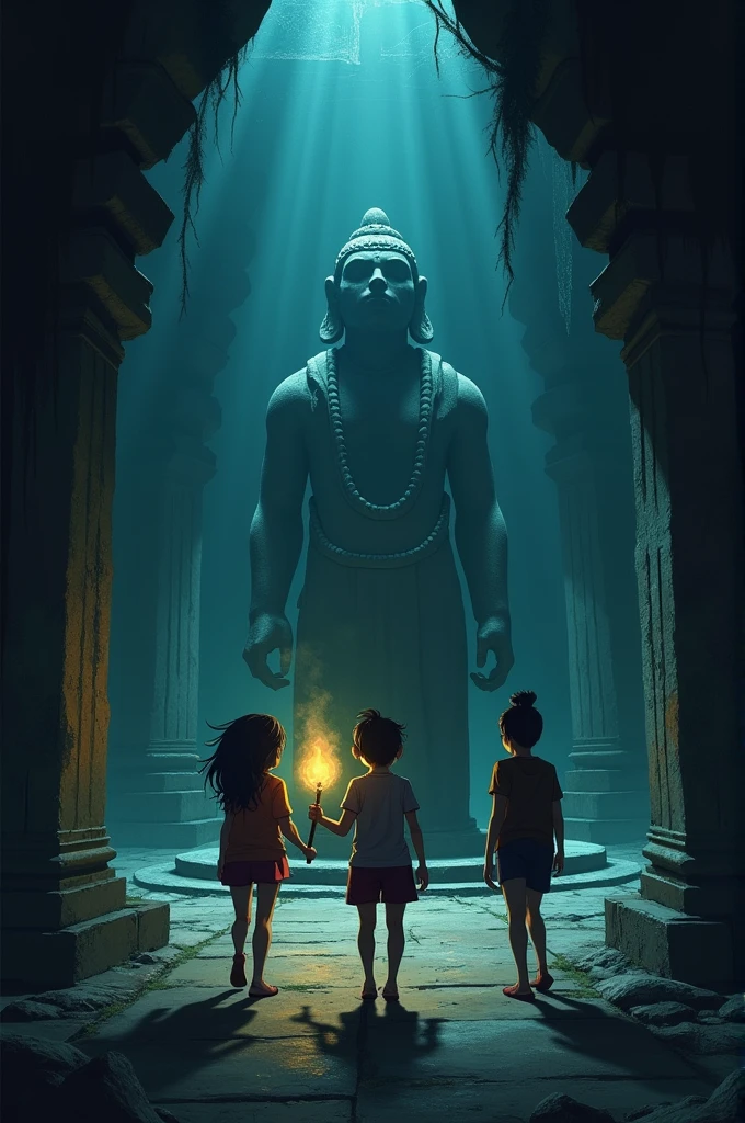 Entering the Temple
Visual Prompt: Inside the temple, the friends cautiously step forward, their faces lit by a single flickering torch held by Munna. The shadows play tricks on the walls, and they approach a large stone statue in the center of the room.