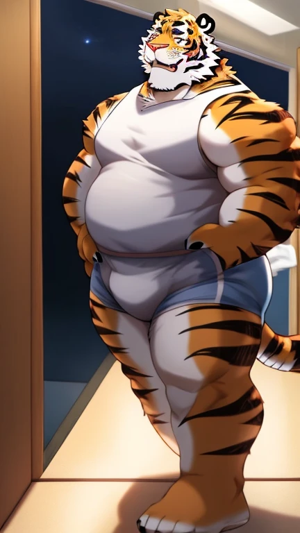 anime style, aid210, nj5furry, ((whole body)), ((white tank top, white briefs)), standing, ((plump middle-aged tiger man)), BREAK ((brown eyes)), one eye closed, beautiful beard, beautiful ears, (male face:1.3), (big face:0.5), square jawline, (Male Eyes:1.2), (sharp eyes:0.8), (big eyes:0.5), male eyebrows, (innocent look:0.5), (beautiful black nails down to the last detail:1.2), BREAK (complete Anatomy), (detailed face:1.3), beautiful face, (detailed body), (beautiful hands:1.2), (detailed fingers:1.2), (detailed eyes:1.1), (beautiful Eyes:1.1), arm details, Leg Details, beautiful feet, BREAK Muscular anthlo, body hair, ((hairy skin)), fluffy, (blood vessel:-0.8), (glowing Skin:-0.7), (chest hair:0.5), (1 tail), (a beautiful and detailed small tail), BREAK night sky, changingroom, indoor, ultra detailed, highest quality, ultra-high resolution, realistic, 16K, masterpiece, beautiful detailed, perfect solution, absurdists, (faint light),