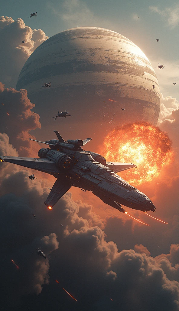Star Wars, Futuristic sci-fi space battle, very detailed, A magnificent and gigantic satellite planet, Fierce battles, Glowing energy weapon, Powerful Explosion, dramatic lighting, cinematic composition, Change color palette, realist rendering, Intricate mechanical details, Sense of scale and grandeur, (best quality,4K,8k,high resolution,masterpiece:1.2),very detailed,(realist,photorealist,photo-realist:1.37)
