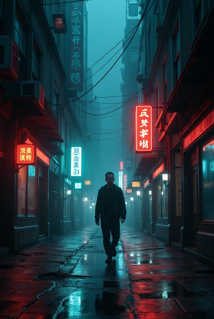 Un homme seul marchant dans une ruelle sombre et pluvieuse d'une mégalopole. Les néons éclairent son visage pâle et les reflets des buildings créent un labyrinthe de miroirs déformants. Style : film noir. Ambiance : mélancolique, oppressante.