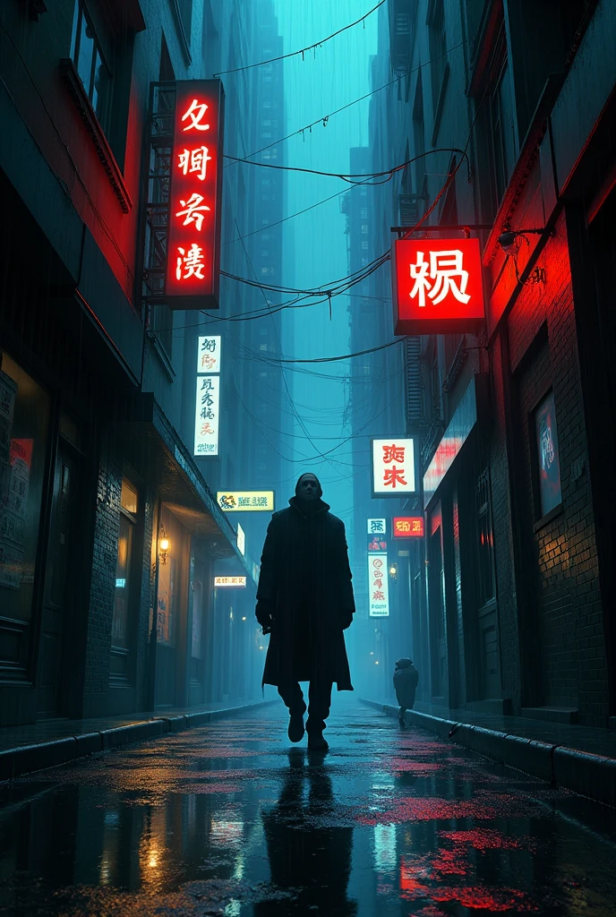 Un homme seul marchant dans une ruelle sombre et pluvieuse d'une mégalopole. Les néons éclairent son visage pâle et les reflets des buildings créent un labyrinthe de miroirs déformants. Style : film noir. Ambiance : mélancolique, oppressante.