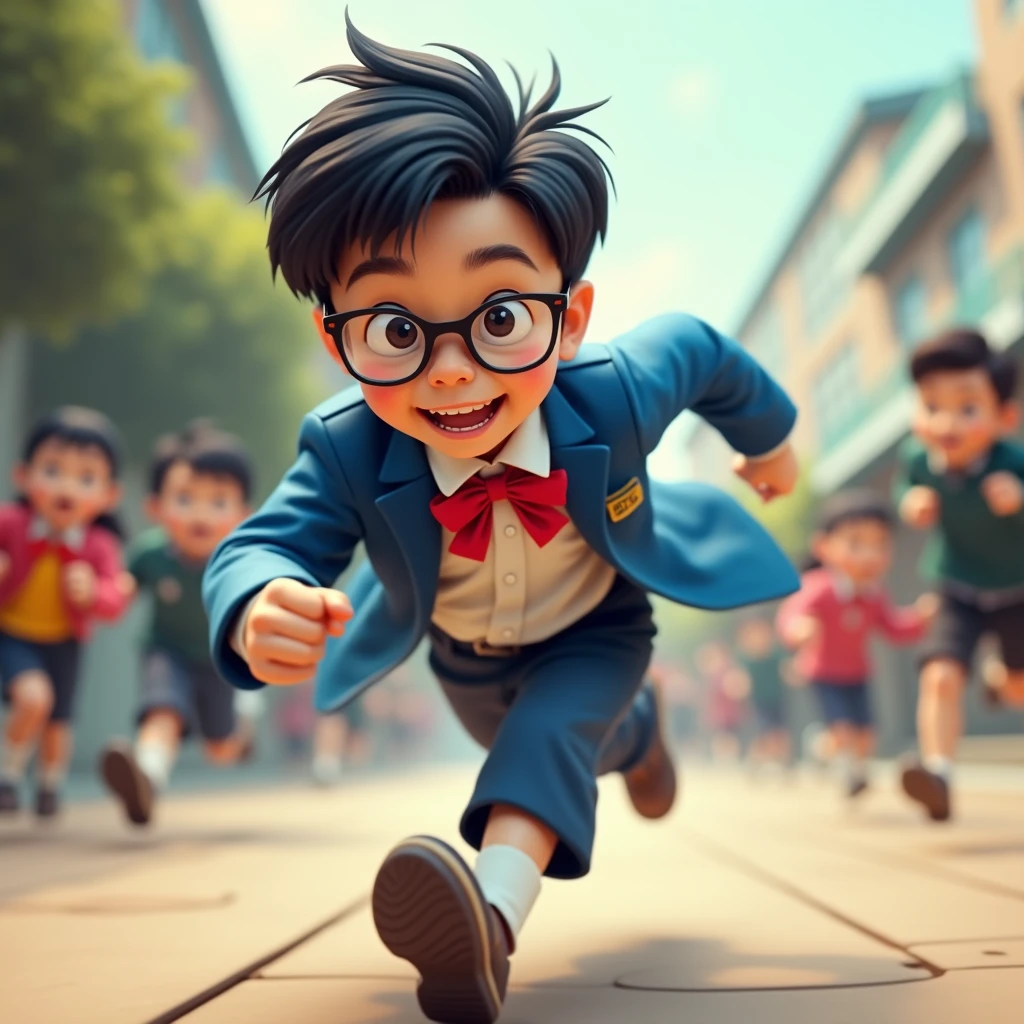 Boy Looks like a child Asian School Primary school students Blue jacket Red bow tie Glasses Detailed clothing soccer Sprint Action Shots Mach Speed Vibrancy