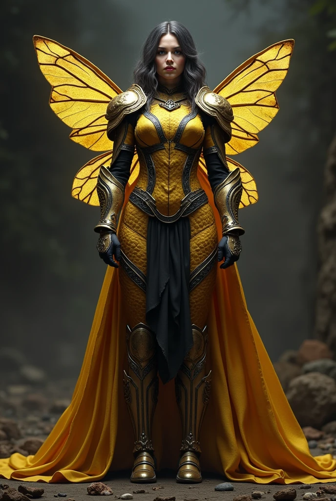 Create a white woman, Half Queen Bee Beautiful Sexy Detailed Ultra Realistic With An Amazing Outfit, that has armor covering his body, somewhat intimidating, wingless, with athletic body, with muscles, full body, wingless, wingless, dark environment, putting his hand in front with his fist closed 