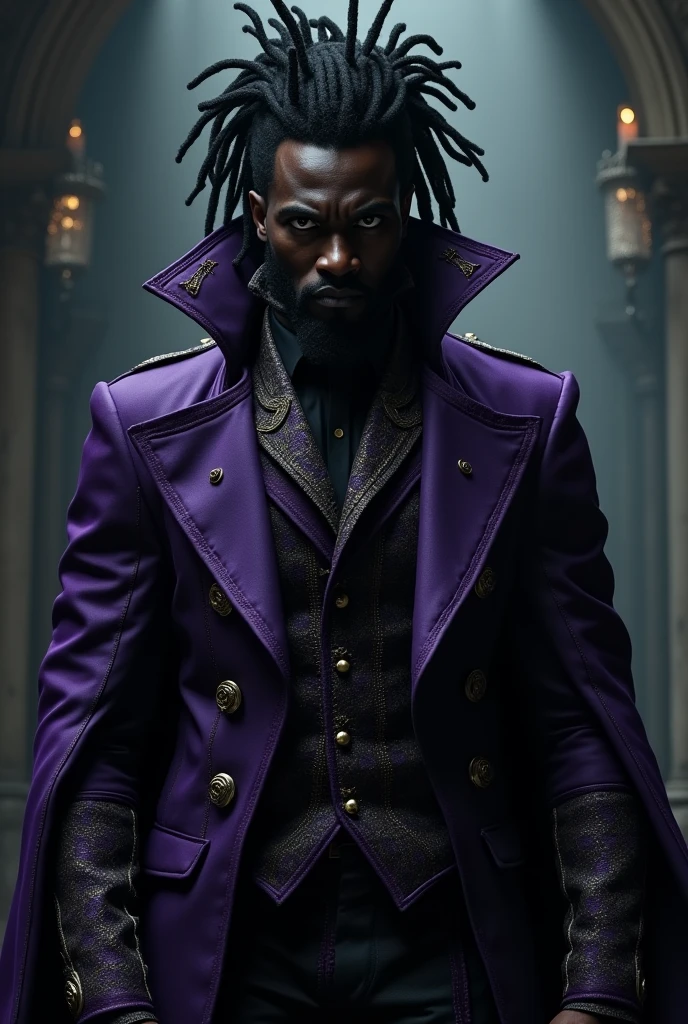 Un homme noir gothique, , , avec des cheveux redoutés, , , Méchant, , , vêtements noirs avec détails violets, , , les vêtements suivent un style victorien. Sandman, netflix series