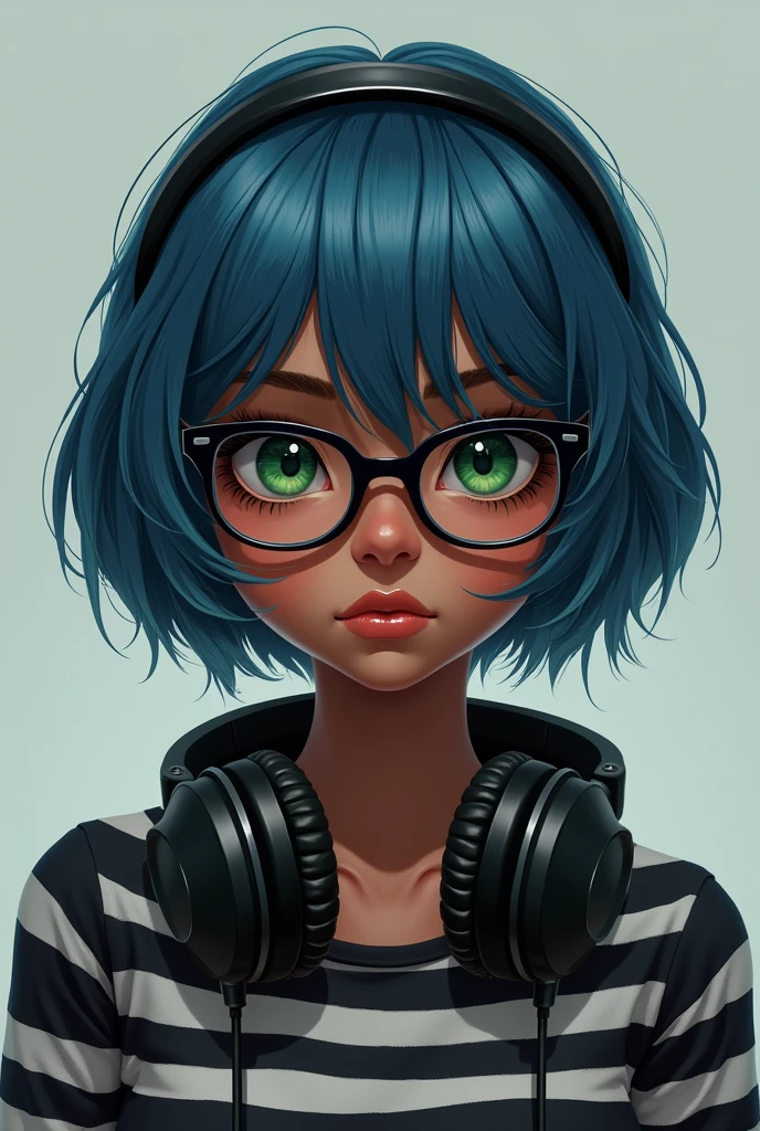 Photo realistic
Photo realistic
1 girl with really dark skin
Really dark skin
A little fat
with green eyes, short blue hair
Wearing glasses
With headphones
Wearing a black and white striped long sleeve shir