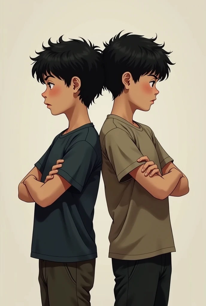 Create two boys, one dark-haired with curly hair and the other slightly straight with wavy hair, both have black hair, both will be with their arms crossed and their backs to each other.