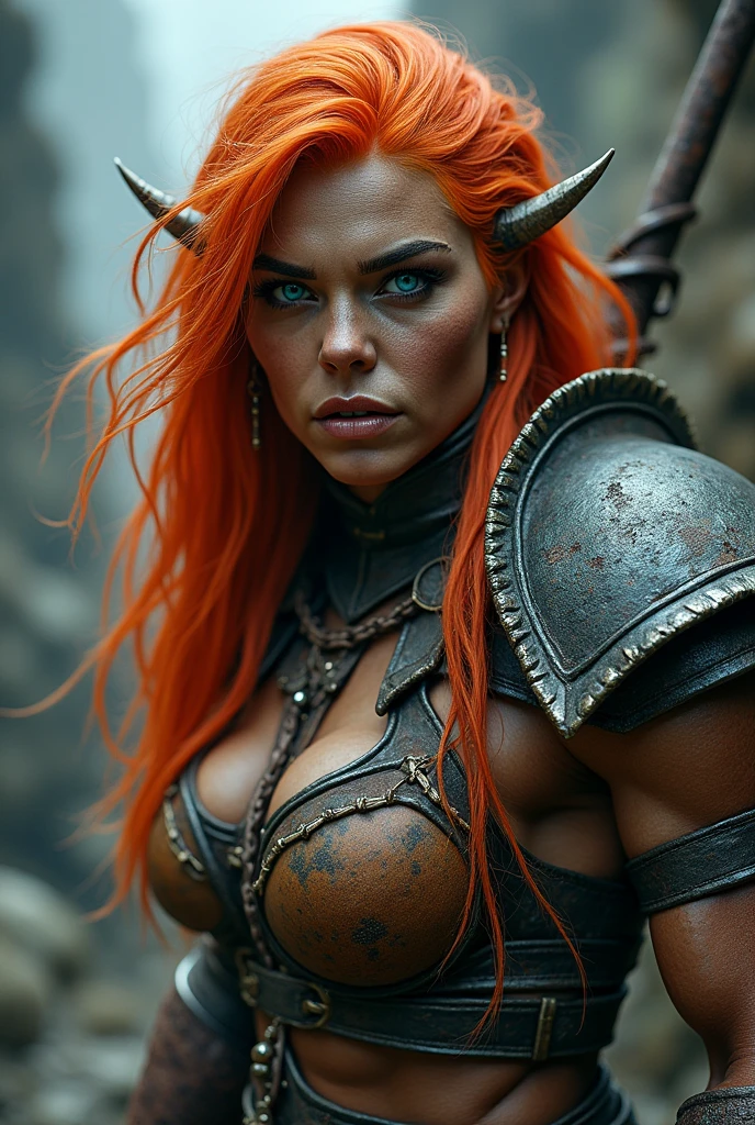(Best quality,4K,8 K,a high resolution,masterpiece:1.2),ultra-detailed, woman-орк, woman orc, blue eyes, Bright red hair, fangs are visible from the lower jaw, lust in her eyes, Spear Mastery, bulky, HDR, 8 K, absurdity, film studio 800, Sharp Focus, Add_detail:2, (One, woman)