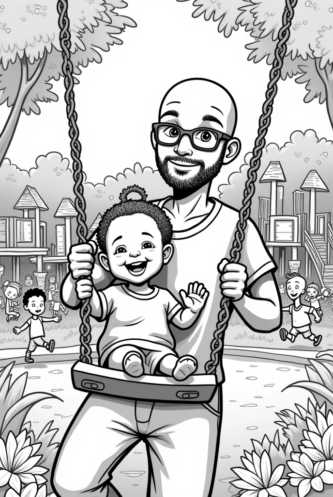 coloring page. of a baby, short hair, many curls. In a park with lots of games and children. playing on the swing with his dad, shaved head man with short beard and glasses
