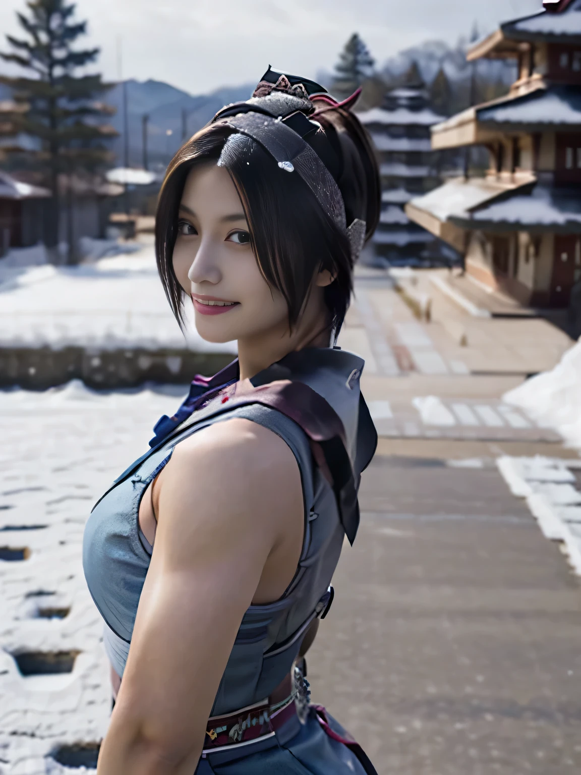 20 year old Japanese beauty，One woman、Muscular body like a bodybuilder、Emphasize the breasts、He wears a headband on his head、Slit eyes、A head-to-toe view，Bust is very very large、The background is a snowy country、High quality photos、Clear, crisp images of the lower body、Masterpiece 8k、Smiling、Is doing a high kick、From the front, from the side, from the back, etc.々from what camera angle to shoot、Light blue ninja costume