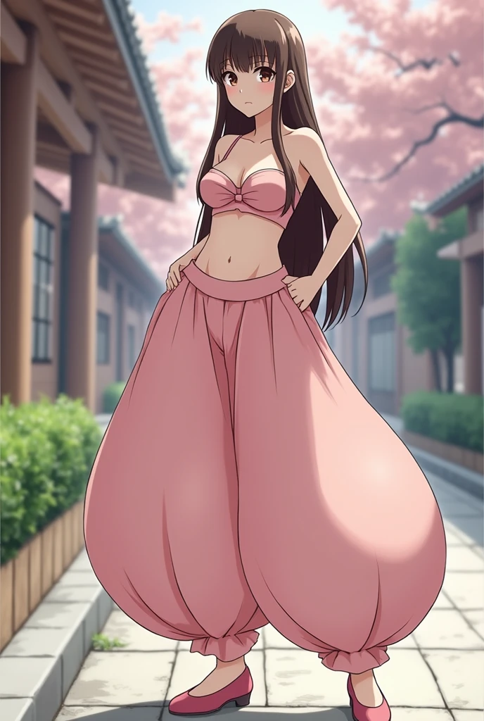 Pretty Japanese girl with super colossal breasts, Japanese girl, solo, full body shot, brown eyes, brown long hair, straight hair, hime cut, blunt bangs, blunt tips, hourglass figure, gigantic cleavage breasts, J-Cup breasts, huge tits, Very large breasts:1.5, standing in front of a sushi shop, wearing an Arabian outfit consisting of humongous inflatable full length satin princess Jasmine-style 4-yard harem pants with her belly button completely exposed, pink dance flats, and a simple satin strapless bra. The outfit is light pink and the pants are extremely puffy and completely round and completely spherical, (Best quality:1.3).