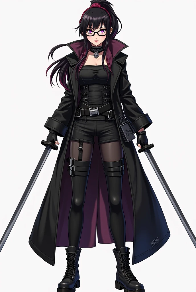 ultra detaild, work of art, best qualityer, standing alone, smug smile,
1 girl, purples eyes, glasses with red frame, (Bblack hair, red colored tips:1.2), hair with red highlights, pretty long hair, side ponytail, tied up hair, ,
coat on shoulders, pantss jeans, rolled up sleeves, gloves fingerless, coldre, waist belt, multiple waist belts, combat boots, bulletproof vest, pants, black greatcoat, 2 Katanas  (1 in each hand) pose