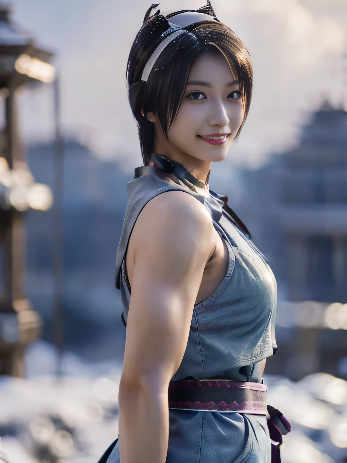 20 year old Japanese beauty,One woman、Muscular body like a bodybuilder、Emphasize the breasts、He wears a headband on his head、Slit eyes、A head-to-toe view,Bust is very very large、The background is a snowy country、High quality photos、Clear, crisp images of the lower body、Masterpiece 8k、Smiling、Is doing a high kick、From the front, from the side, from the back, etc.々from what camera angle to shoot、Light blue ninja costume