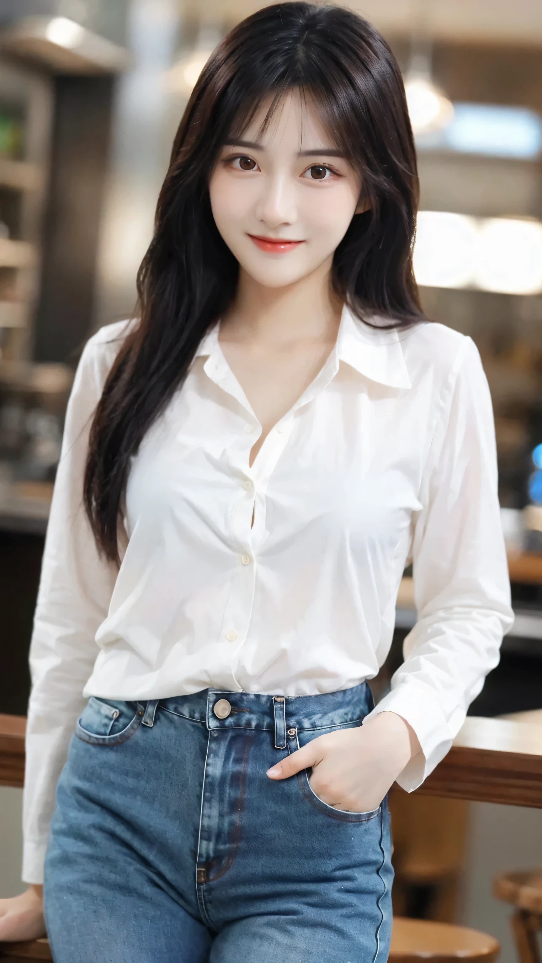 (8k, RAW Photo, Best Quality, Masterpiece:1.2), table top, Ultra Detail, Super Resolution, (Realistic, Realistic Photo:1.37), Portrait, High Detail RAW Color Photo, Professional Photo, Extremely Detailed and Beautiful, Extremely detailed, 8k wallpaper, amazing and detailed, huge file size, official art, highly detailed CG unity 8k wallpaper, highly detailed beautiful girl, highly detailed face, highly detailed eyes, highly detailed skin, highly detailed fingers, highly detailed nose, very detailed detailed mouth , perfect anatomy, highly detailed background, highly detailed clothes, 1girl, 1 girl, cute girl, realistic body, fair skin, glowing skin , slim body, handsome body, black hair , semilong hair, (blunt bangs:1.2), smile, cute, youthful, cute face, realistic face, delicate eyes, drooping eyes, looking at viewer, facing front, standing posture, Contraposto, (medium chest), (Perfect Body Proportions), (slender Body Proportions), super sexy pose, (white shirt), (jeans pants), (authentic bar),