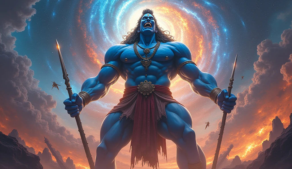 Make a realistic 3d image of God Kalki blue skin bigest body in universe and he summons every power and every weppon, evil smile hard colors 