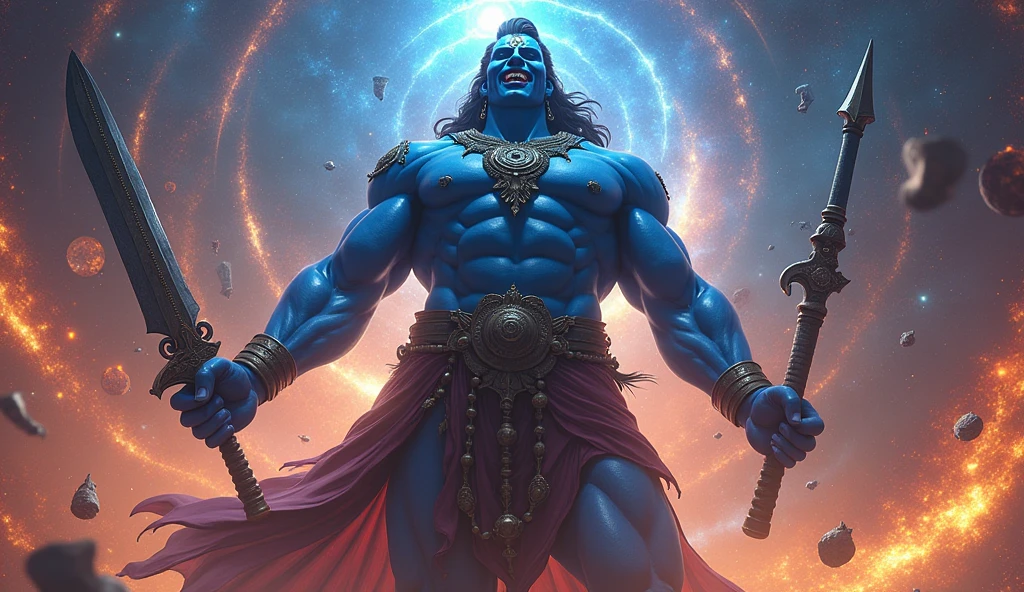 Make a realistic 3d image of God Kalki blue skin bigest body in universe and he summons every power and every weppon, evil smile hard colors