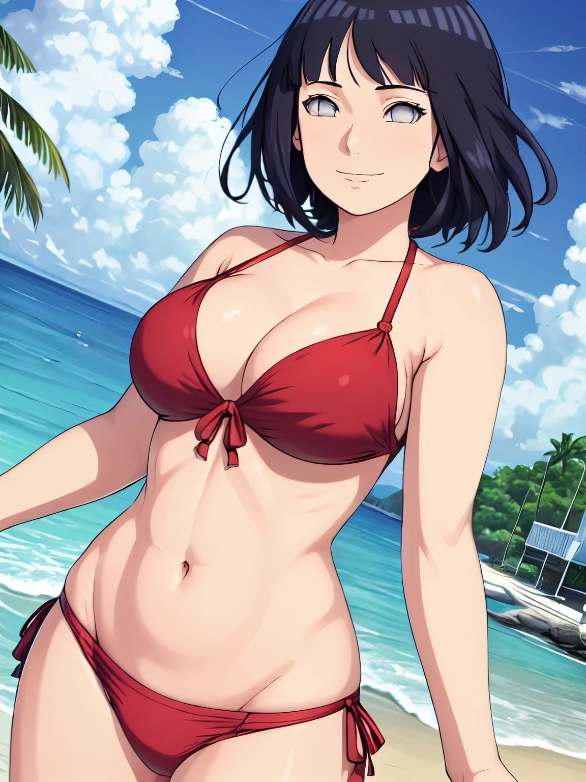 (hinata\(boruto\), (high quality:1.8), upper body:1.5, (curvy body:1.5), (ultra detailed body:1.4), (beach:1.7), (anime, tall woman, cowboy shot, (defined biceps arms:1.2), (water:1.2), ((red thong, bare arms, bare arms, bare shoulders)), (red halter top:1.), (wide shoulders, off-shoulders), smile), ((big breasts:1.0)) ,(cleavage:1.0), closed mouth), ((pale skin)). ((dark blue:1.3, short hair, hime cut، loose hair, floating hair, floating hair:1.0),
