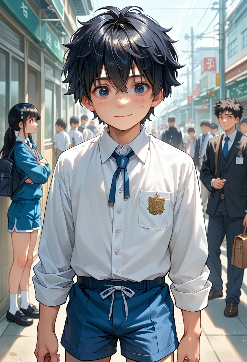 • fubuki: a man, , 1 Japanese junior high school student. Intelligent, curious, but feel isolated, Detailed Eyes, detailed face, black hair, cool hair, wearing a white uniform and blue shorts, looking with a smile