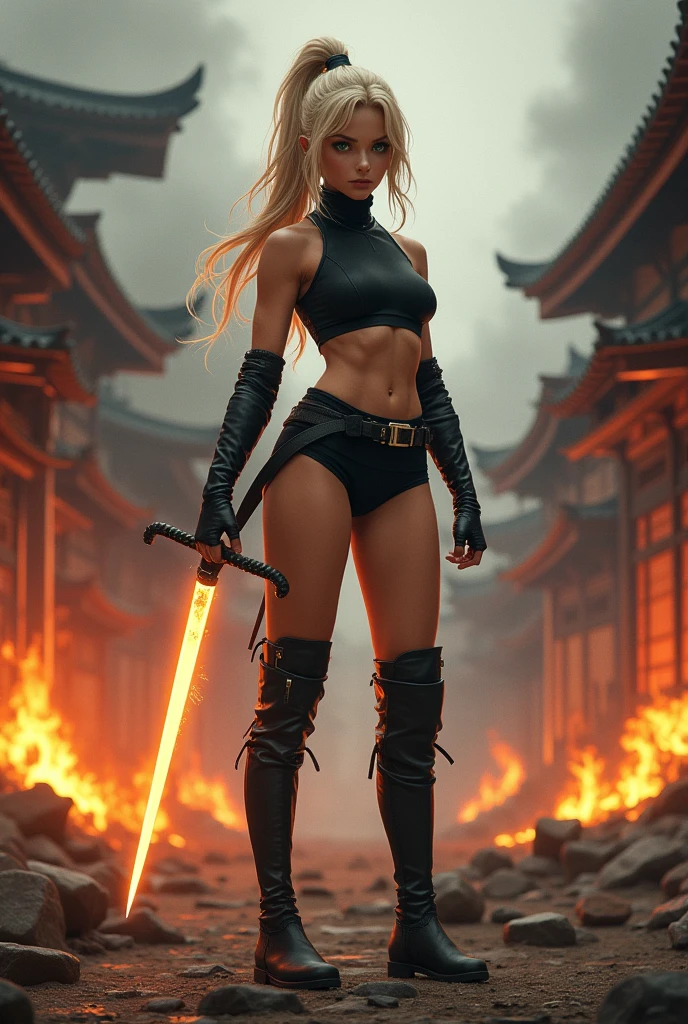 masterpiece, Highest quality, One person, blonde_hair, green_eye, boots, chest, Clenched hands, Clenched handss, Crop top, whole body, gloves, knee boots, medium hair, medium chest, abdomen, belly button, bob hair, alone, Are standing, Knee socks, turtleneck, Black leotard, Ninja, (侍のknifeを持っている, knife, Glowing Sword), Burning Japanese village background, Dangerous atmosphere, strict, stance, whole body with costume