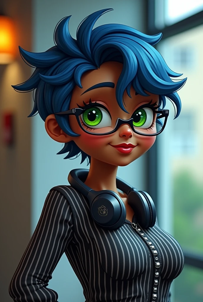 1 girl with really dark skin
Really dark skin
A little fat
with green eyes, short blue hair
Wearing glasses
With headphones
Wearing a black and white striped long sleeve shir