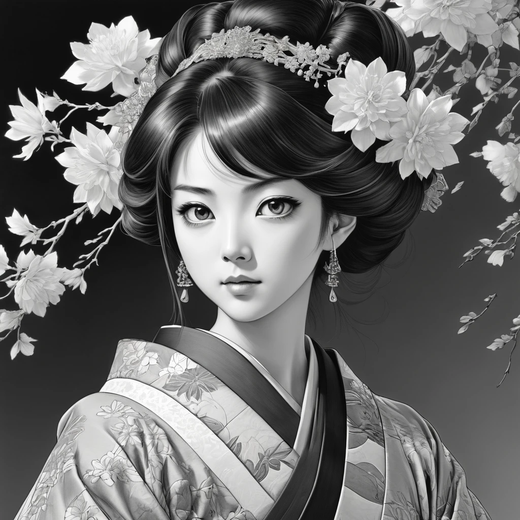 Anime line art, by Naoki Urasawa, sketch, best quality, masterpiece, very aesthetic, perfect composition, intricate details, ultra-detailed, B&W, portrait of Nōhime - Female, young adult, around 16-1, wife of Nobunaga, daughter of Saitō Dōsan. She wears an elegant, colorful kimono with floral patterns, reflecting her noble status and beauty. Her face is delicate, with soft features, large almond-shaped eyes, and a gentle, composed expression. Her hair is long, black, and styled in an intricate traditional fashion, possibly adorned with hairpins or flowers. She has a slim, graceful build, with an aura of refinement and poise.