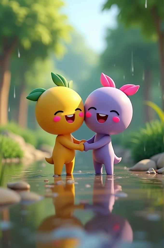 apnaeditz.com

effect in the background, water droplets reflecting light

[3D animation, stylized, reminiscent of the work of Pixar and Studio Ghibli], [soft diffused lighting, vibrant colors, glossy textures, shallow depth of field, bokeh

Two adorable, cartoon-like figures with emoji head, a yellow one with green leaves a purple one with pink leaves, hold hands, standing on a wet surface, with their reflections shimmering below. They are smiling, radiating joy and love, in a serene, natural setting. also raining