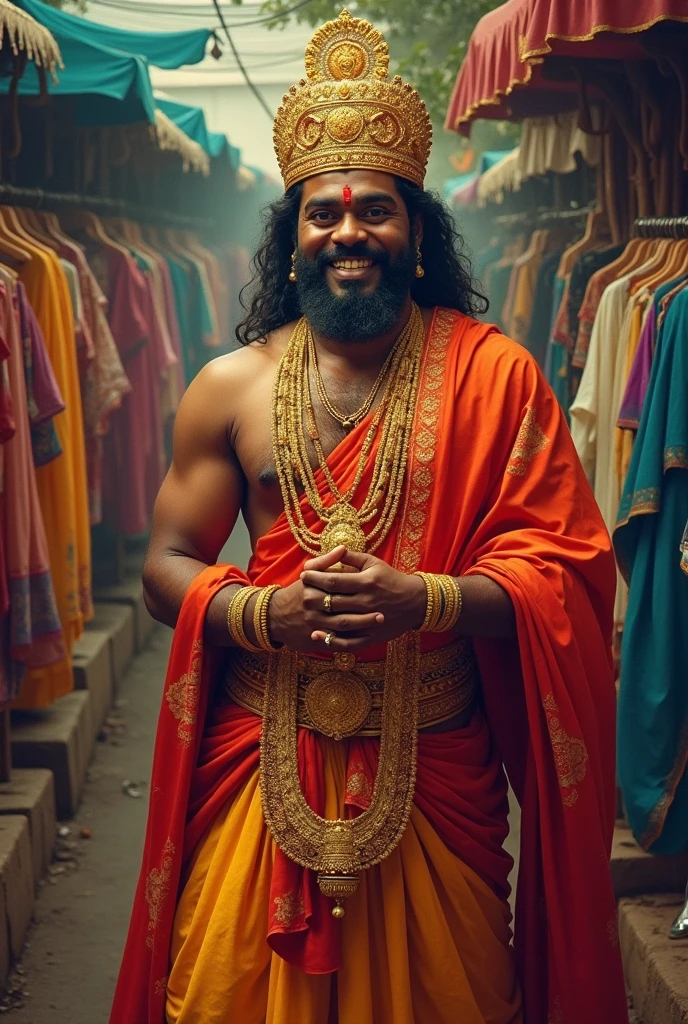  Create a vibrant and traditional depiction of Maveli, the legendary king from Kerala's Onam festival. Maveli is portrayed as a regal and benevolent figure, dressed in ornate, traditional attire, including a richly embroidered dhoti, a golden crown, and intricate jewelry. He should have a majestic presence, with a warm and welcoming expression. He is in a clothing shop with a poster in his hand