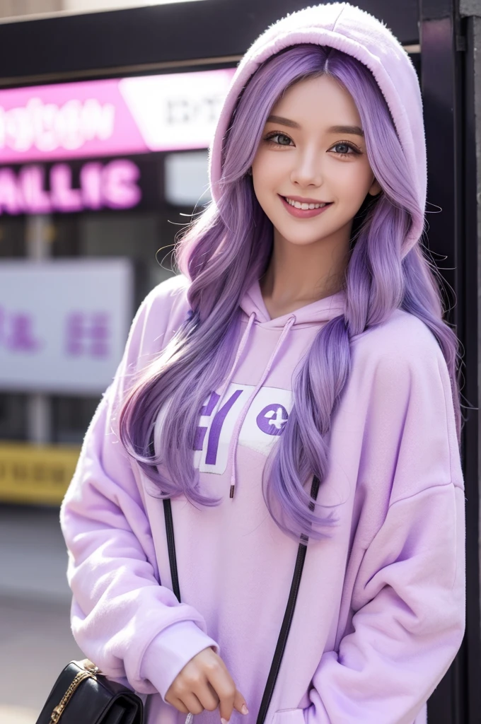 Pastel purple hair　Wavy Long Hair　Purple Eyes　Beauty　smile　Pastel hoodies