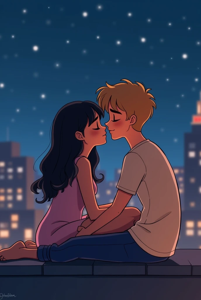 Un fille et garçon s'assoit sur un toit et s'embrasse tendrement en fermant les yeux en pleine nuit. The girl has black hair and slightly curly bangs and the guy is blond. Le couple est en premier plan bien grand. Version pixar 2d.