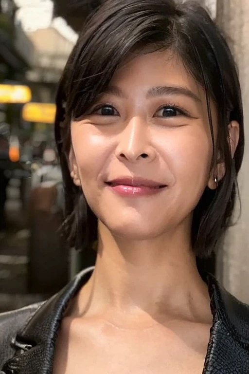 Highest quality,masterpiece,Ultra-high resolution,Black leather jacket、Black Leather Skirt、nice smile、