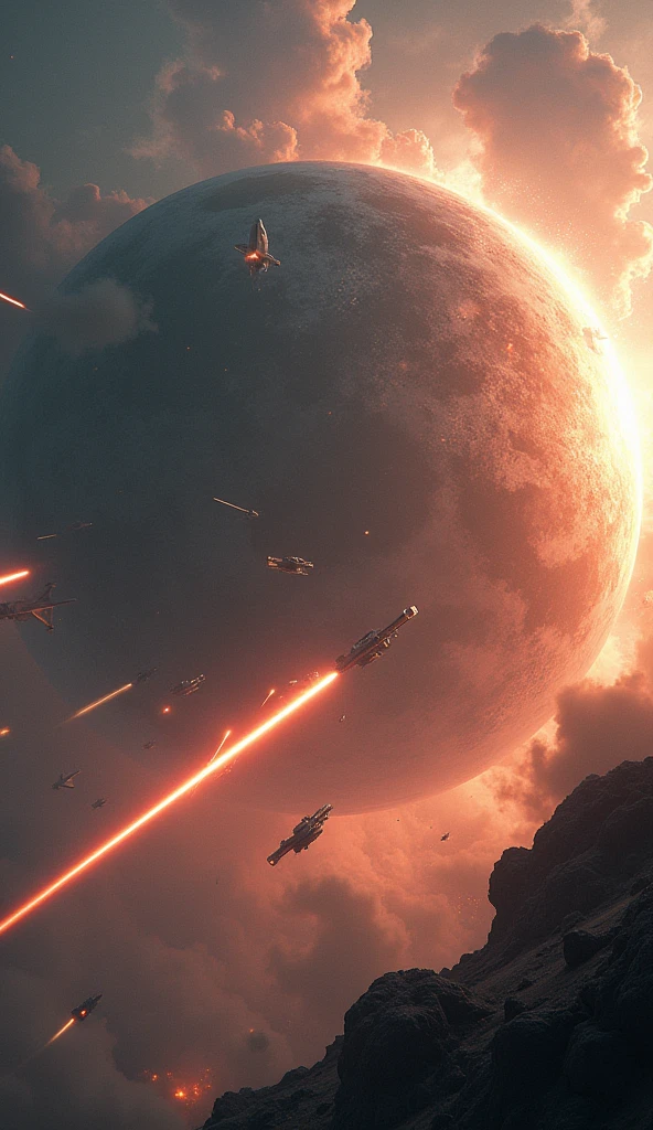 Star Wars, Futuristic sci-fi space battle, very detailed, A magnificent and gigantic satellite planet, Fierce battles, Glowing energy weapon, Powerful Explosion, dramatic lighting, cinematic composition, Change color palette, realist rendering, Intricate mechanical details, Sense of scale and grandeur, (best quality,4K,8k,high resolution,masterpiece:1.2),very detailed,(realist,photorealist,photo-realist:1.37)