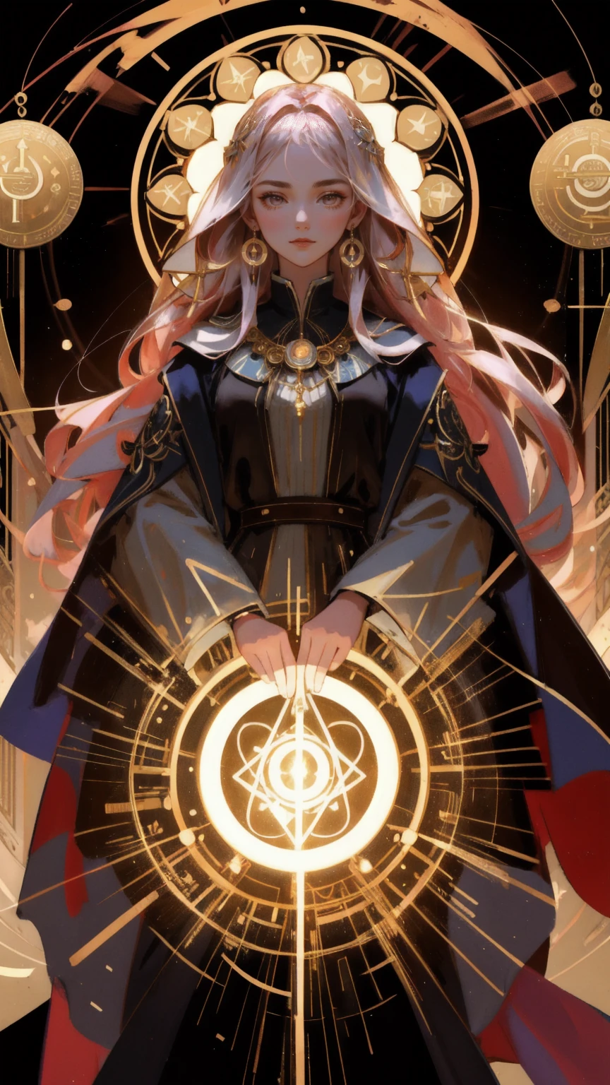 A stunning young woman in a flowing robe reminiscent of a modern-day alchemist, surrounded by glowing symbols of various altcoins, all meticulously arranged in a complex circular pattern. She holds a mystical staff that channels energy into an orb, pulsating with the keyword 'Altcoin Alchemy.' The entire scene is bathed in warm, golden light, with the intricate alchemical setup and her calm yet powerful presence set against a rich, brown background.