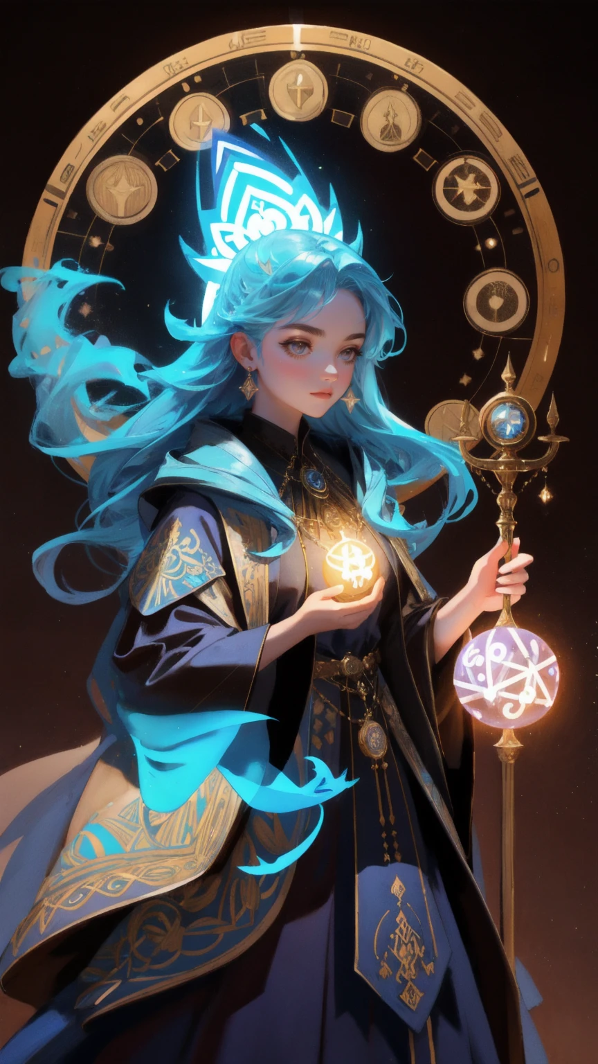 A stunning young woman in a flowing robe reminiscent of a modern-day alchemist, surrounded by glowing symbols of various altcoins, all meticulously arranged in a complex circular pattern. She holds a mystical staff that channels energy into an orb, pulsating with the keyword 'Altcoin Alchemy.' The entire scene is bathed in warm, golden light, with the intricate alchemical setup and her calm yet powerful presence set against a rich, brown background.