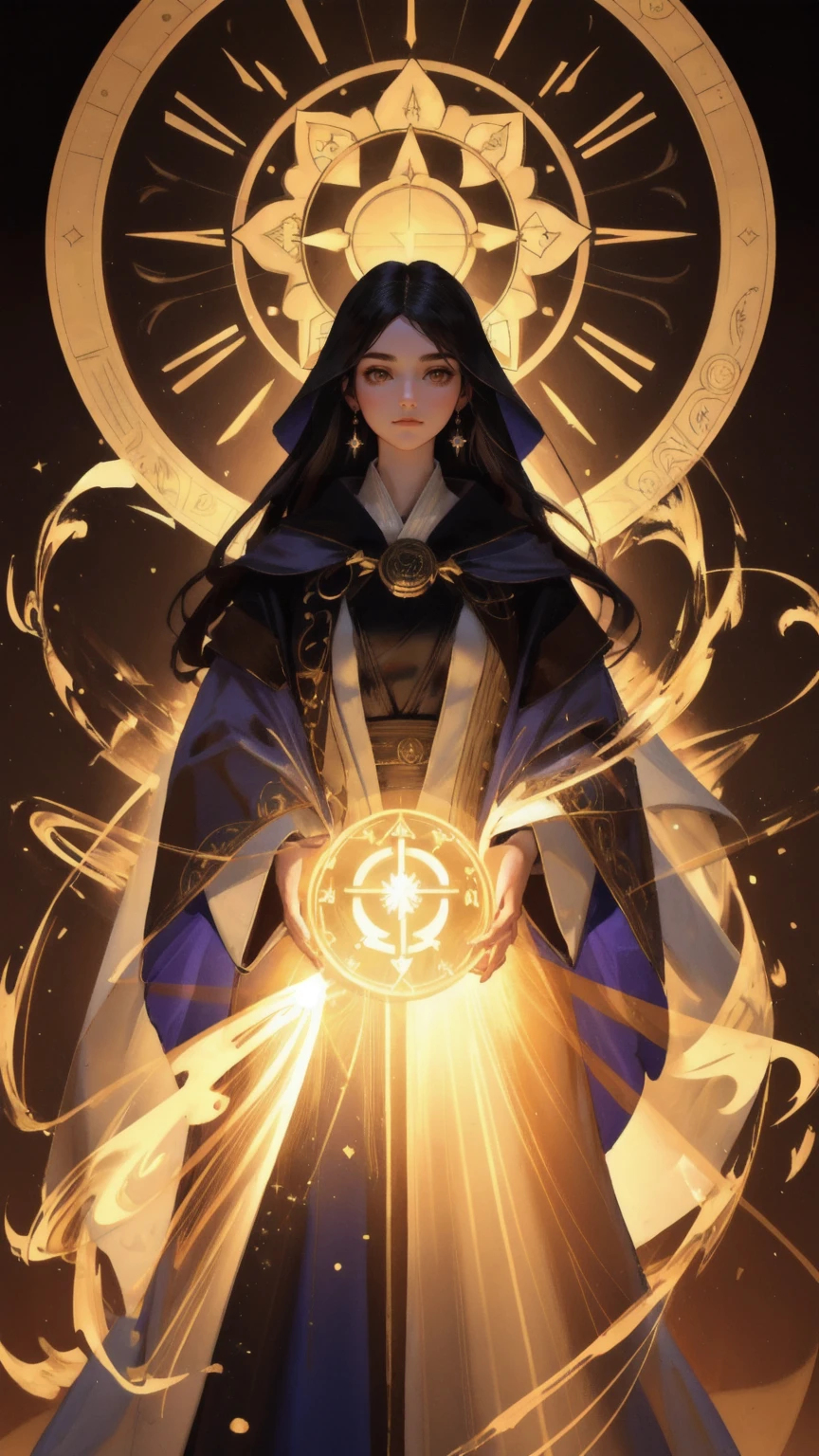A stunning young woman in a flowing robe reminiscent of a modern-day alchemist, surrounded by glowing symbols of various altcoins, all meticulously arranged in a complex circular pattern. She holds a mystical staff that channels energy into an orb, pulsating with the keyword 'Altcoin Alchemy.' The entire scene is bathed in warm, golden light, with the intricate alchemical setup and her calm yet powerful presence set against a rich, brown background.