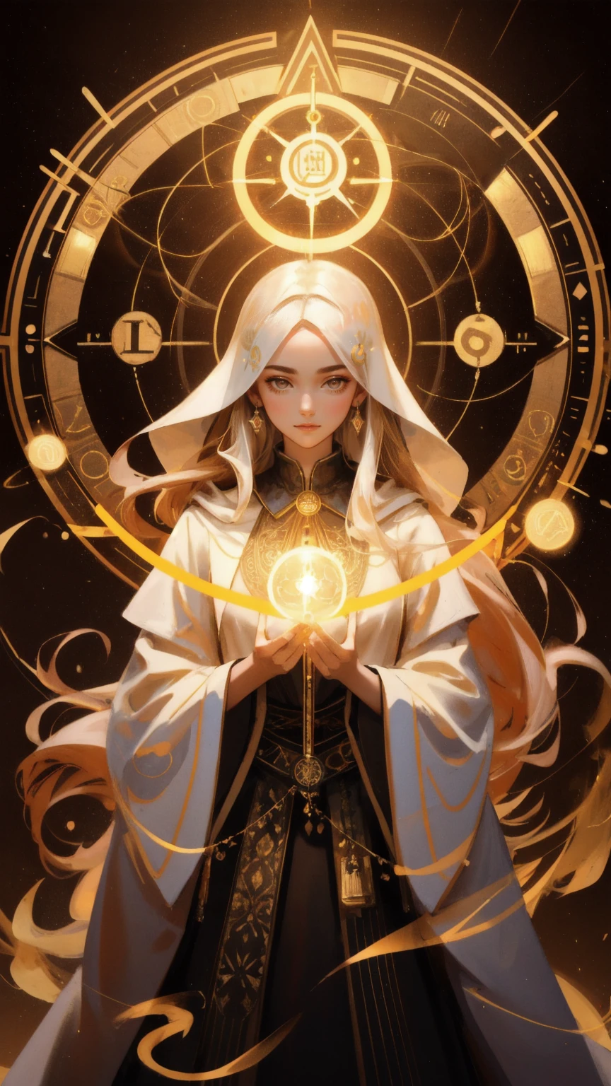 A stunning young woman in a flowing robe reminiscent of a modern-day alchemist, surrounded by glowing symbols of various altcoins, all meticulously arranged in a complex circular pattern. She holds a mystical staff that channels energy into an orb, pulsating with the keyword 'Altcoin Alchemy.' The entire scene is bathed in warm, golden light, with the intricate alchemical setup and her calm yet powerful presence set against a rich, brown background.