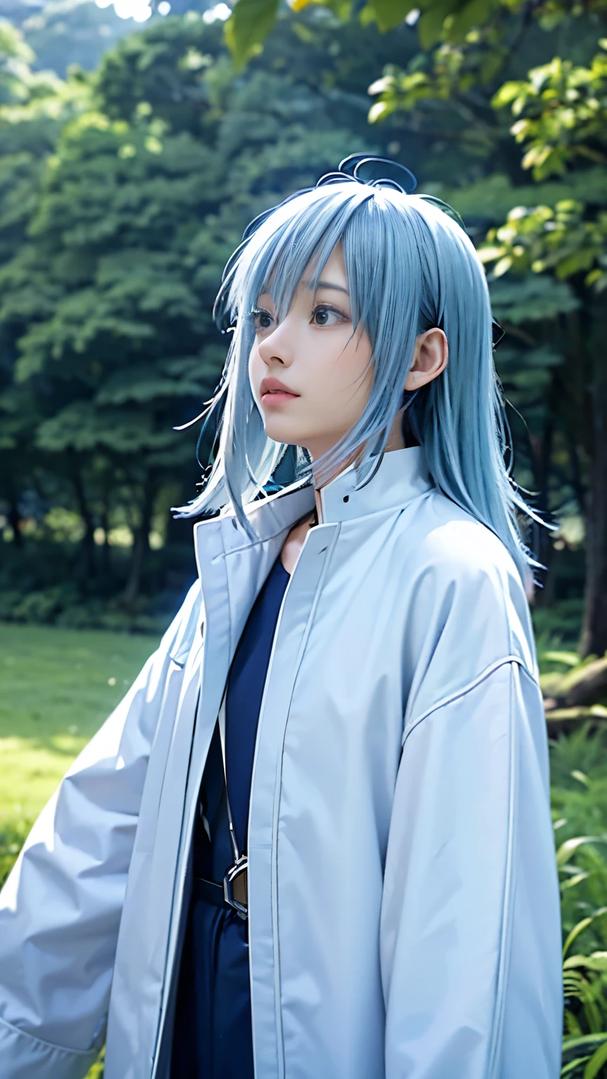 Rimuru=Tempest、Real、Upper Body、landscape、forest、anime、White skin、masterpiece、No matter how high quality、Navy blue coat、cloudy、Beautiful Boy、Androgynous beauty、Long hair fluttering in the wind、Strong winds、Clothes also flutter