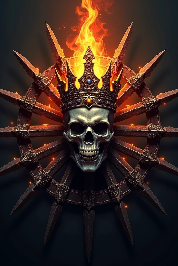a logo icon of ten sword circling a skull with a crown covered with eternal flame 
