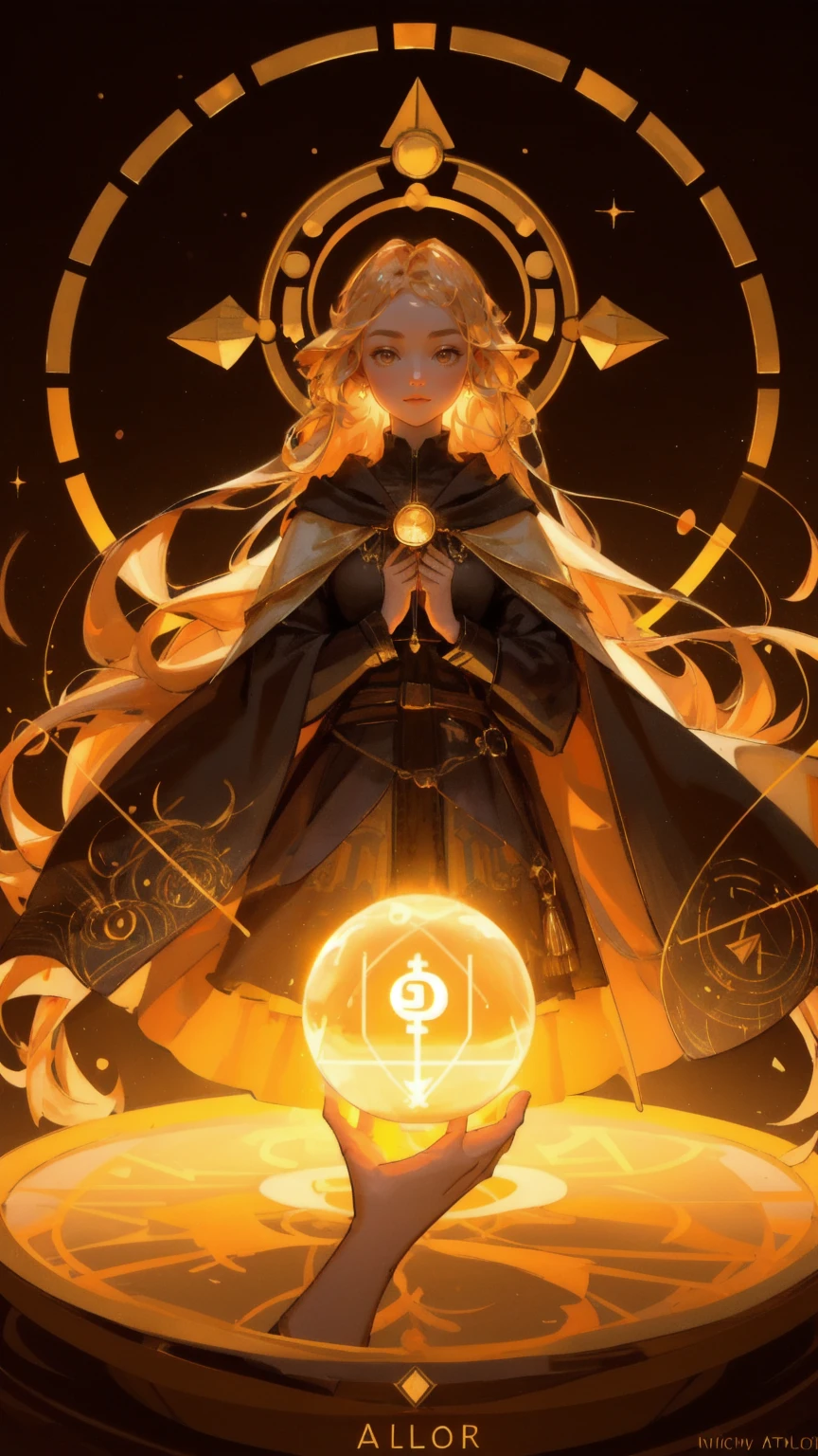 A beautiful young woman in a flowing alchemist robe, surrounded by glowing altcoins like Bitcoin, Ethereum, and others, performing an intricate ritual. She is channeling energy into a floating orb labeled 'Altcoin Alchemy.' The entire scene is illuminated with warm golden light, and the detailed alchemical setup is contrasted against a rich, brown background.