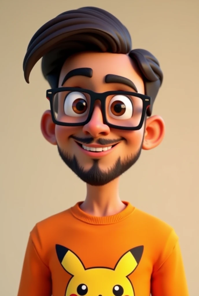 Pixar 3D. Light brown skin man, square lenses, big brown eyes, sparse beard without moustache, big cheeks, rhomboid face, dark brown straight hair, sideway hairstyle, peso 80kg, orange pokemon sweatshirt, open smile, nose thin along and wide.
