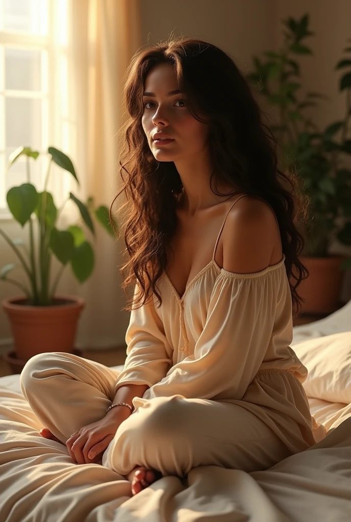 (photorealism:1.2), beautiful woman, sitting on bed, wearing loose off-shoulder top, pajama pants, long curly hair, indoors, soft lighting, plants in background, window with sunlight, cozy room, relaxed pose, realistic, intricate details, warm