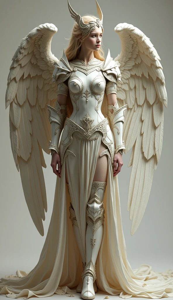 An angel warrior, with beautiful armor,  skin fair, dainty, Female One, with the following characteristics 1. head **Grande e Hard, with masculine characteristics.** 
   - Characteristic: Represents strength and stability, indicating an imposing presence and the ability to assume great responsibilities.

2. Torso and busts: **well-proportioned, Female One.**
   - Characteristic: Suggests balance and harmony, with a well-adjusted nature and ability to communicate and teach.

3. abdomen: **reflexivo, dream like, epiceno, mais Female One do que masculino.**
   - Characteristic: Indicates an introspective and dreamy nature, with a tendency to connect with the subconscious and explore deep ideas.

4. hip: **Very white and quite delicate, Female One.**
   - Characteristic: Reflects purity, delicacy and precision, with the ability to perform actions with grace and elegance.

5.  flegs: **Very white and quite delicate, Female One.**
   - Characteristic: (repeated) Reinforces the qualities of purity and delicacy, suggesting an emphasis on these characteristics in the name.

6.  Perfect feet and shins: **ferocious, Hard, more ardent, Female One.**
   - Characteristic: Indicates inner strength, an intense energy and a passionate and determined personality.

### Summary of Name Characteristics "כלמייה" (Kalamiaiah):

- **Strength and Stability:** sugerindo uma base sólida e uma presença Hard.
- **balance and harmony:** reflecting proportion and fit.
- **Reflection and Depth:**, indicating a connection with deep thoughts and the inner world.
- **Delicacy and Purity:** emphasizing accuracy, graça e uma natureza dainty.
- **energy and passion:**bringing a fiery and determined strength.

