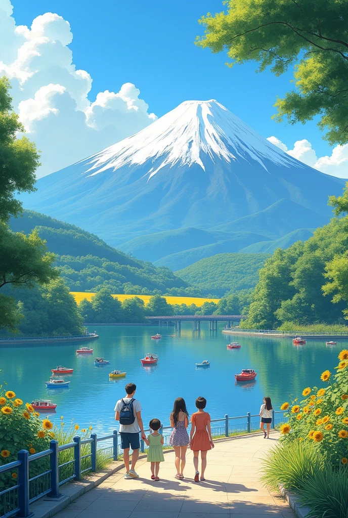 A refreshing summer afternoon、View of Mt. Fuji from Lake Kawaguchi。Mount Fuji stands out clearly against the blue sky.、There is a little bit of snow remaining on the peak.。The lakeside is lush with greenery、Colorful boats floating on the lake。The lake is blue々Tree々and Mt. Fuji is reflected beautifully.、A cool breeze gently ripples the water's surface。In the distance、Sunflower fields spread out with Mt. Fuji in the background、Yellow flowers shining in the summer sunshine。Families and tourists strolling along the lake、A lively and fun summer scene unfolds