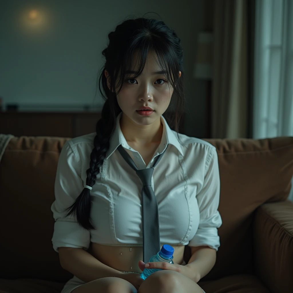 bad quality. beautiful young asian girl, braid hair 1, wearing a white shirt, short skirt and grey tie, super sexy hot curvy, sexy hot busty. wet hair, lots of sweat dripping. Lots of sweat dripping. holding a bottle of mineral water expression tired, sitting on the brown sofa in the living room, the night. Grainy colored cctv footage. low light. Bad image color.