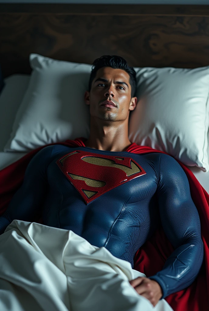 Cr7 of superman tied/lying on a bed, looking to the camera