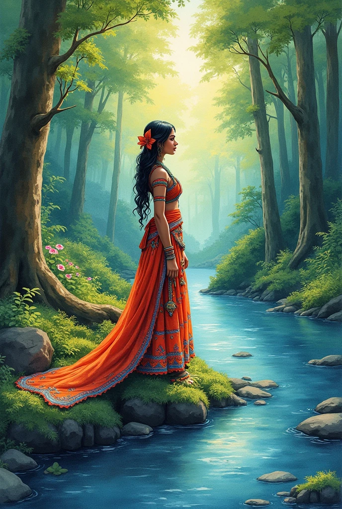 Water colour painting of a forest woman near a river in the midst of a forest.use vibrant colours. Woman should look Indian with tribal costume. It should look like a water colour painting