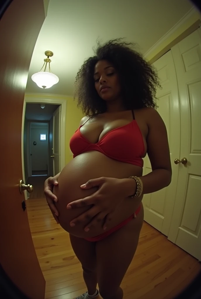 Pov when Cardi B&#39;s stepmother wants to eat you because her body is big and tall and put it in her stomach because she is pregnant while in the room alone, fish eye view, iphone camera style. HD, realface