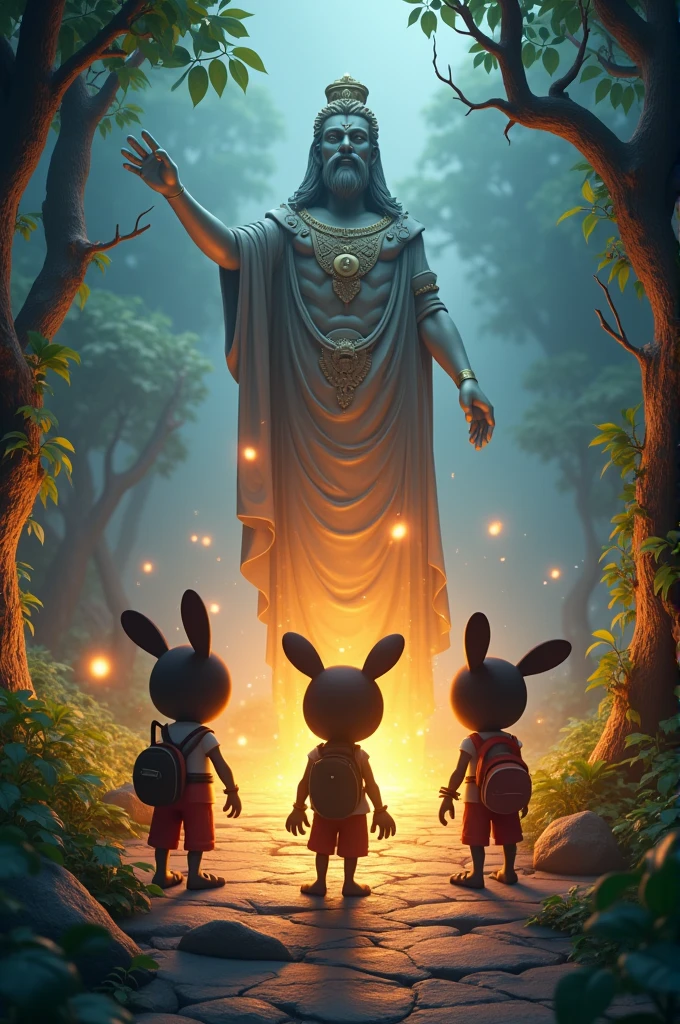 The Three Paths
Visual Prompt: The statue points to three separate paths illuminated by a mysterious light. Each path is unique: one looks treacherous with thorny vines, another is soft and inviting with flowers, and the third path is shrouded in mist. Munna, Bunty, and Champu look at each other, preparing to choose their paths based on their unique qualities.