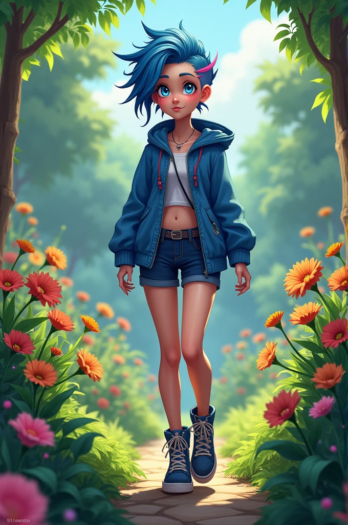 Lila, , blue eyes, punk style hair, wearing blue themed clothing, in a garden, walking and admiring